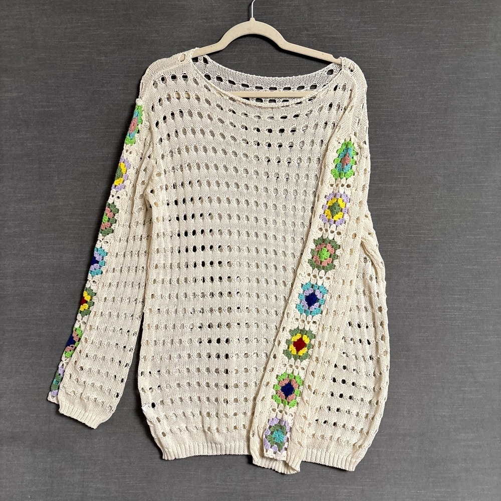 Open Knit Sweater L Cream Granny Square Tunic Boho Beach Festival Crochet Hippie